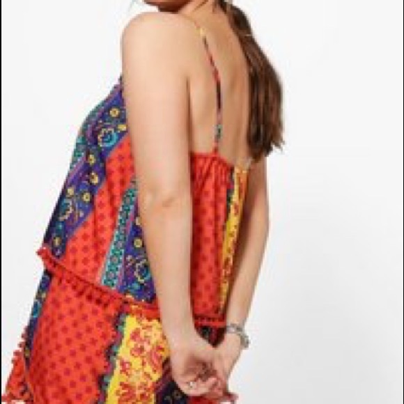 Boohoo Orange Pom Pom Tribal Print Two Piece Set - Picture 2 of 12